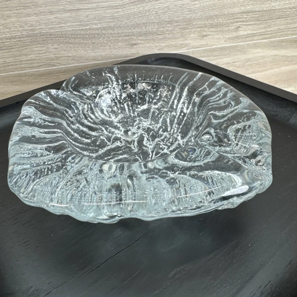 Blenko Ice Bark Ashtray/Bowl Clear Textured Glass Footed Vintage MCM 7